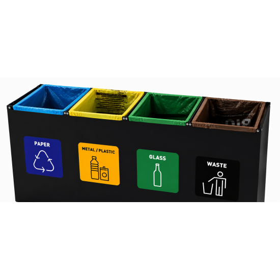 Coș de reciclare negru otel cu acoperire organica, cu 4 compartimente 4x60L – 240 litri Coș de reciclare negru otel cu acoperire organica, cu 4 compartimente 4x60L – 240 litri