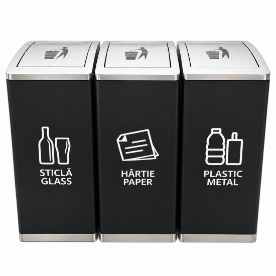 Cos de gunoi negru pentru colectare selectiva, inox, 3 compartimente