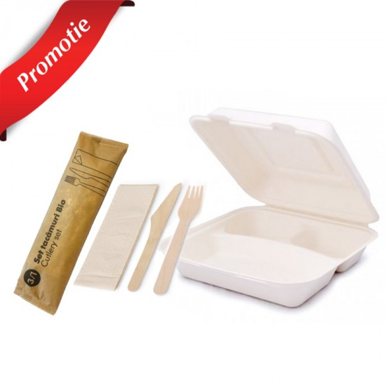 Pachet catering BIO caserola trestie de zahar + set tacamuri Pachet catering BIO caserola trestie de zahar + set tacamuri