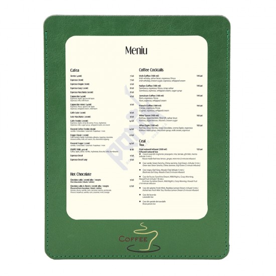 Mapa meniu cafenele A5+, LeatherLike, piele PU interior/exterior, lavabila, verde Mapa meniu cafenele A5+, LeatherLike, piele PU interior/exterior, lavabila, verde