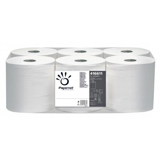 Rola prosop cu derulare centrala, 1 strat, alba, deink, Papernet, 6 role/bax, 274 m Rola prosop cu derulare centrala, 1 strat, alba, deink, Papernet, 6 role/bax, 274 m