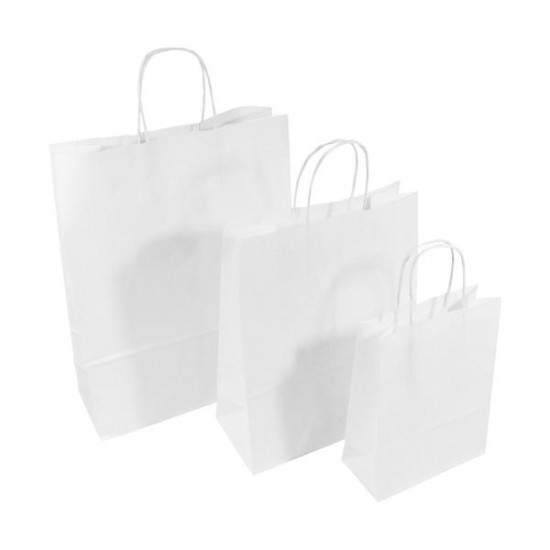 Set 100 bucati, Punga hartie, alba, cu maner sfoara, 25x11x30cm Set 100 bucati, Punga hartie, alba, cu maner sfoara, 25x11x30cm
