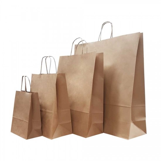 Set 100 bucati, Punga hartie, natur, cu maner sfoara, 25x11x37cm Set 100 bucati, Punga hartie, natur, cu maner sfoara, 25x11x37cm