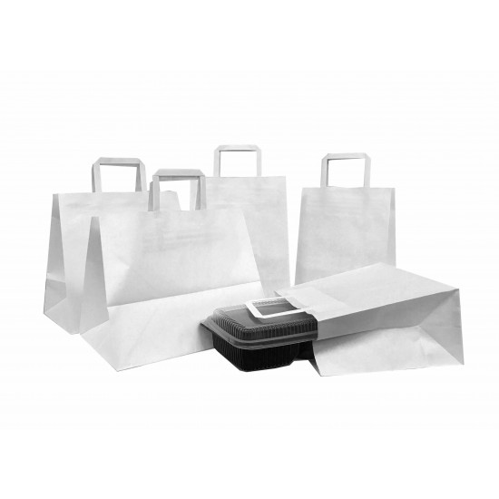 Set 250 bucati, Punga hartie, alba, cu maner plat, 34x18x31cm Set 250 bucati, Punga hartie, alba, cu maner plat, 34x18x31cm