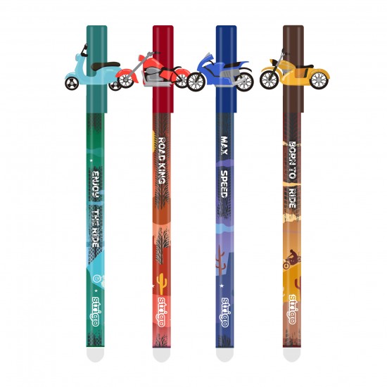 Set 4 pixuri Strigo cerneala cu stergere, MOTOCICLETE, Set 4 pixuri Strigo cerneala cu stergere, MOTOCICLETE,