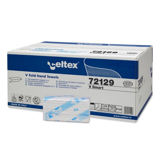 Rezerva prosoape pliate, Celtex, V Smart, 2 straturi, alb, 200 buc/pachet, 15 pachete/cutie