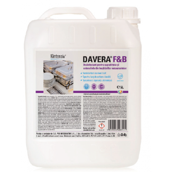 DAVERA F&B 5L - Dezinfectant pentru suprafete RTU pentru restaurante, cantine si alte locuri publice de servire a mancarii DAVERA F&B 5L - Dezinfectant pentru suprafete RTU pentru restaurante, cantine si alte locuri publice de servire a mancarii