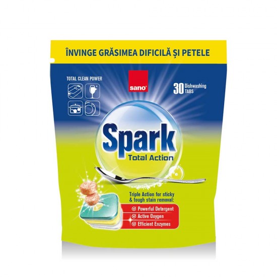 Detergent Tablete pentru Mașina de Spălat Vase, 30 buc, SANO SPARK TOTAL ACTION 