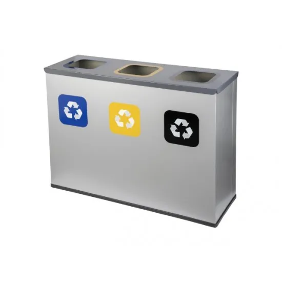 Coș de reciclare gri otel cu acoperire organica, cu 3 compartimente 3x60L – 180 litri