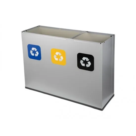 Coș de reciclare gri otel cu acoperire organica, cu 3 compartimente 3x60L – 180 litri