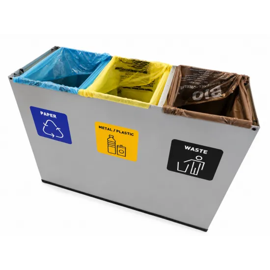 Coș de reciclare gri otel cu acoperire organica, cu 3 compartimente 3x60L – 180 litri
