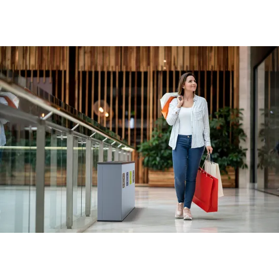 Coș de reciclare gri otel cu acoperire organica, cu 3 compartimente 3x60L – 180 litri