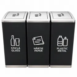 Cos de gunoi negru pentru colectare selectiva, inox, 3 compartimente, 3x60L
