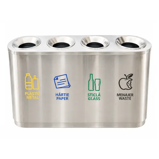Cos de gunoi pentru colectare selectiva din inox, 4 compartimente Cos de gunoi pentru colectare selectiva din inox, 4 compartimente