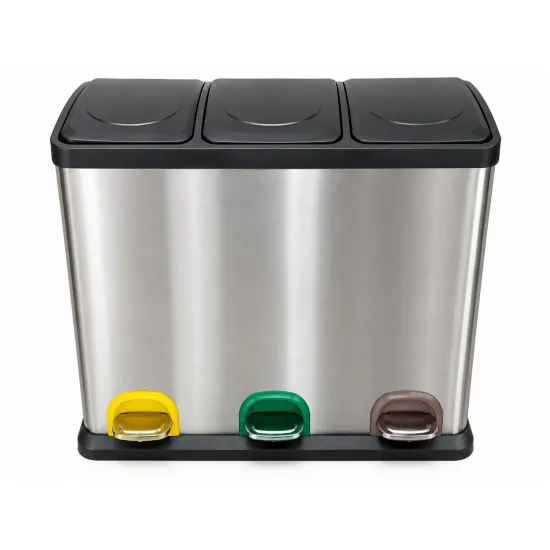 Cos de gunoi pentru colectare selectiva, inox, cu 3 compartimente si pedale, 3 x 20 L Cos de gunoi pentru colectare selectiva, inox, cu 3 compartimente si pedale, 3 x 20 L