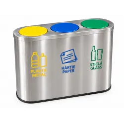 Cos de gunoi pentru colectare selectiva din inox, 3 compartimente, 3x60L, capace colorate