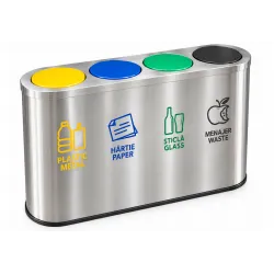 Cos de gunoi pentru colectare selectiva din inox, 4 compartimente, 4x60L, capace colorate