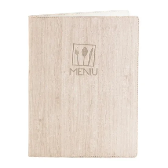 Mapa meniu A4+, Wood, piele PU interior/exterior, lavabila, bej Mapa meniu A4+, Wood, piele PU interior/exterior, lavabila, bej