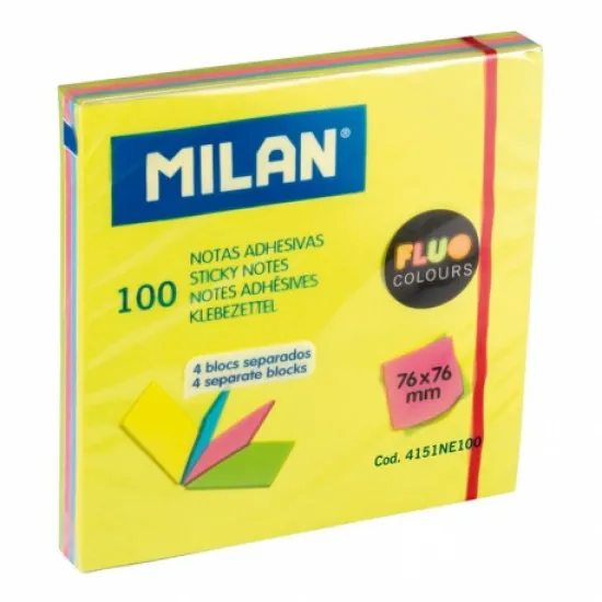 Bloc notes adeziv 76x76 4 culori asortate fluo milan Bloc notes adeziv 76x76 4 culori asortate fluo milan